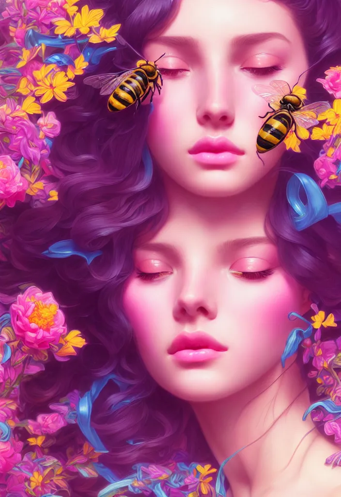 Prompt: young beautiful woman, gorgeous face, vaporwave aesthetic, synthwave, colorful, psychedelic, artstation, flowers, bees, ribbons, concept art, smooth, extremely sharp detail, finely tuned detail, 8 k, unreal engine 5, ultra sharp focus, illustration, art by artgerm and greg rutkowski and alphonse mucha