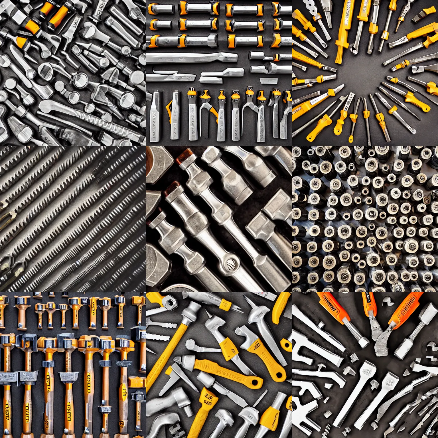 Prompt: overhead view of lots of stanley tools arranged in a pattern of a hammer