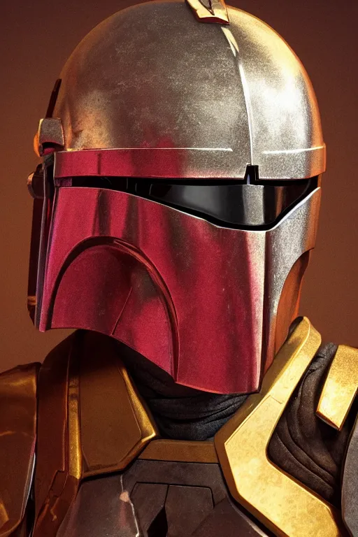 Prompt: an artistic and realistic 8k sculpture of a mandalorian helmet, liquid simulation, bright psychedelic color, dramatic lighting, silver gold red details, filigree, intricate details, cinematic, elegant, octane render, filmic, interesting camera angle, 8k post-processing, intricate art by John Collier and Albert Aublet and Krenz Cushart and Artem Demura and Greg Rutkowski