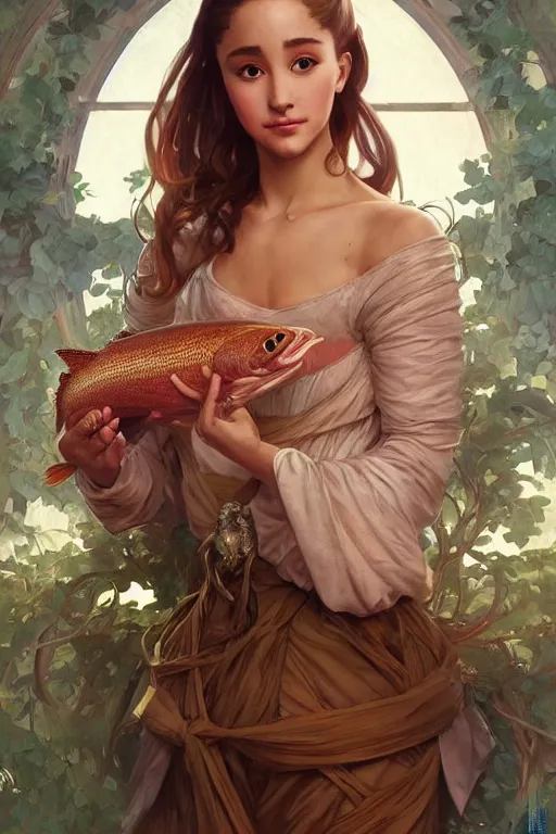 Image similar to beautiful cottagecore Ariana Grande holding a salmon colored vase. intricate, elegant. highly detailed, digital painting, artstation, concept art, smooth, sharp, focus, illustration. . art by artgerm and greg rutkowski and alphonse mucha