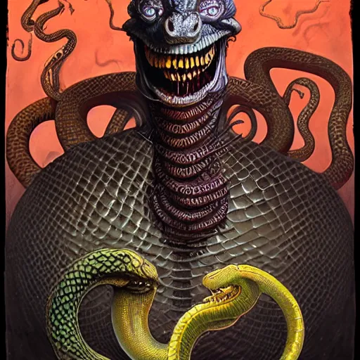 Image similar to a snake oil salesman that is also a grinning anthropomorphic snake, dave mckean, hr giger, peter mohrbacher, wayne barlowe