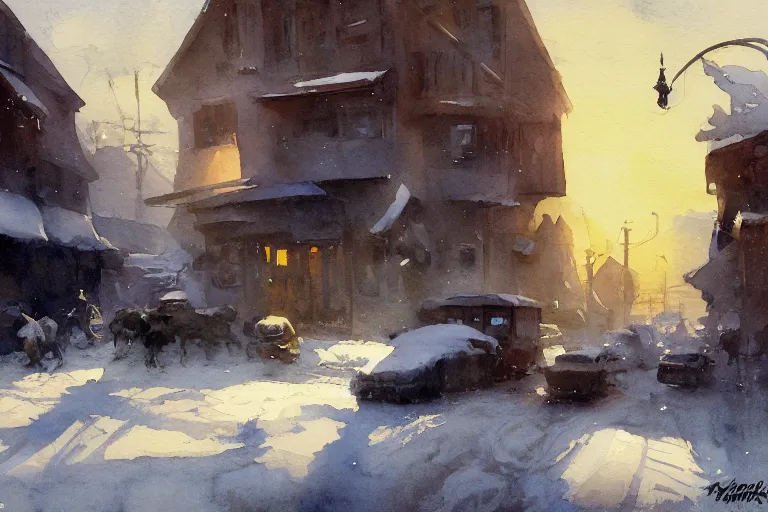 Image similar to small centered on watercolor paper, paint brush strokes, abstract watercolor painting of snow western town, american frontier, midday sharp light, dust, cinematic light, american romanticism by hans dahl, by jesper ejsing, by anders zorn, by greg rutkowski, by greg manchess, by tyler edlin