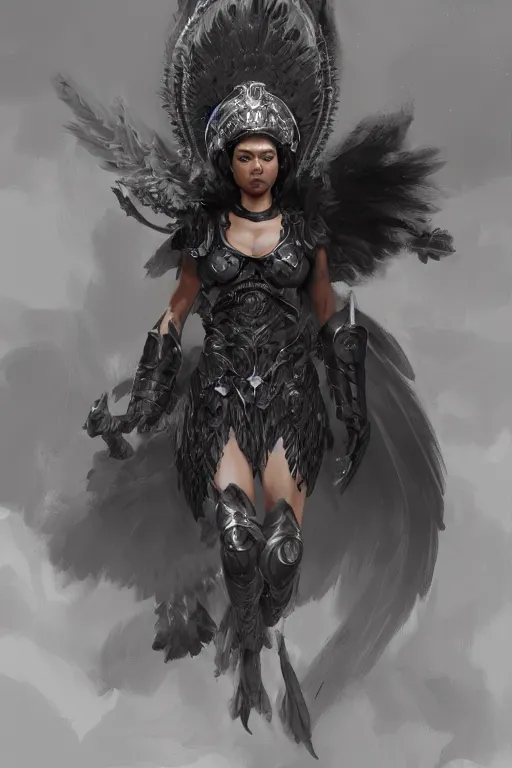 Image similar to a full portrait of a black female valkyrie, winged helmet, intricate, elegant, highly detailed, digital painting, japanese, artstation, in the style of krenz cushart, artem demura