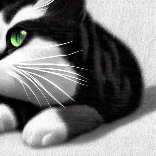 Prompt: black and white cat on a bed, black lower jaw, digital art, artstation, 8K, high quality, hyperdetalied,