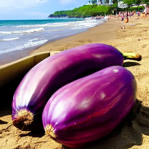 Image similar to huge eggplant sunbathing on the beach among people, photo,