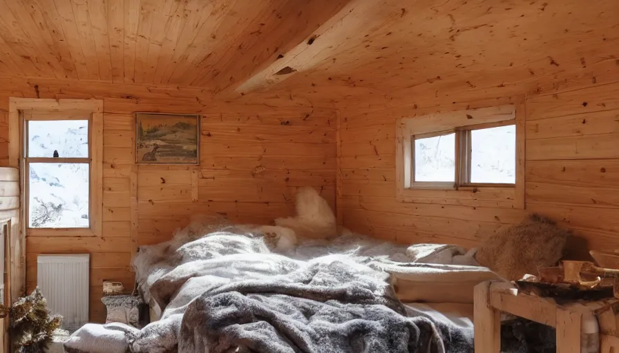 Image similar to empty cozy interior of small cabin, warm, outside winter landscape