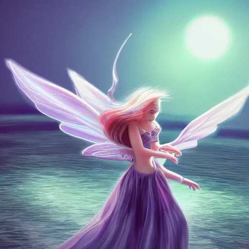 Prompt: evil fairy flying over a river, digital art, fantasy, light