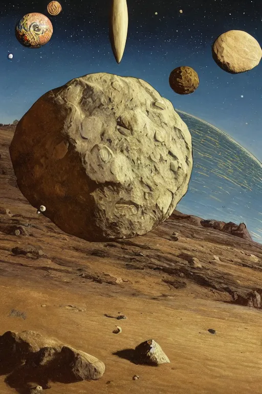 Prompt: a gold coin asteroid heading toward an arcade planet by destiny womack, gregoire boonzaier, harrison fisher, richard dadd