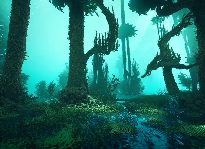 Prompt: underwater forrest. Intricate. Very detailed 8k. Fantasy horror. Sharp. Cinematic post-processing. Unreal engine. Nanite. Ray tracing. Parallax. Tessellation