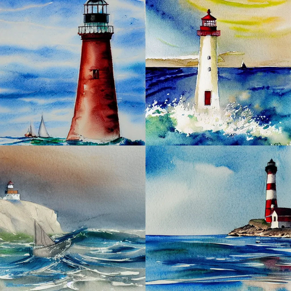 Prompt: A highly detailed serene sketch of a stunning lighthouse, single sailboat catching the wind, rippling oceanic waves, by Orris Moe, vibrant watercolor painting.