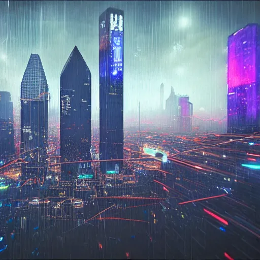 Image similar to bladerunner style dallas skyline picture, beksinski and cyberpunk 2 0 7 7 style