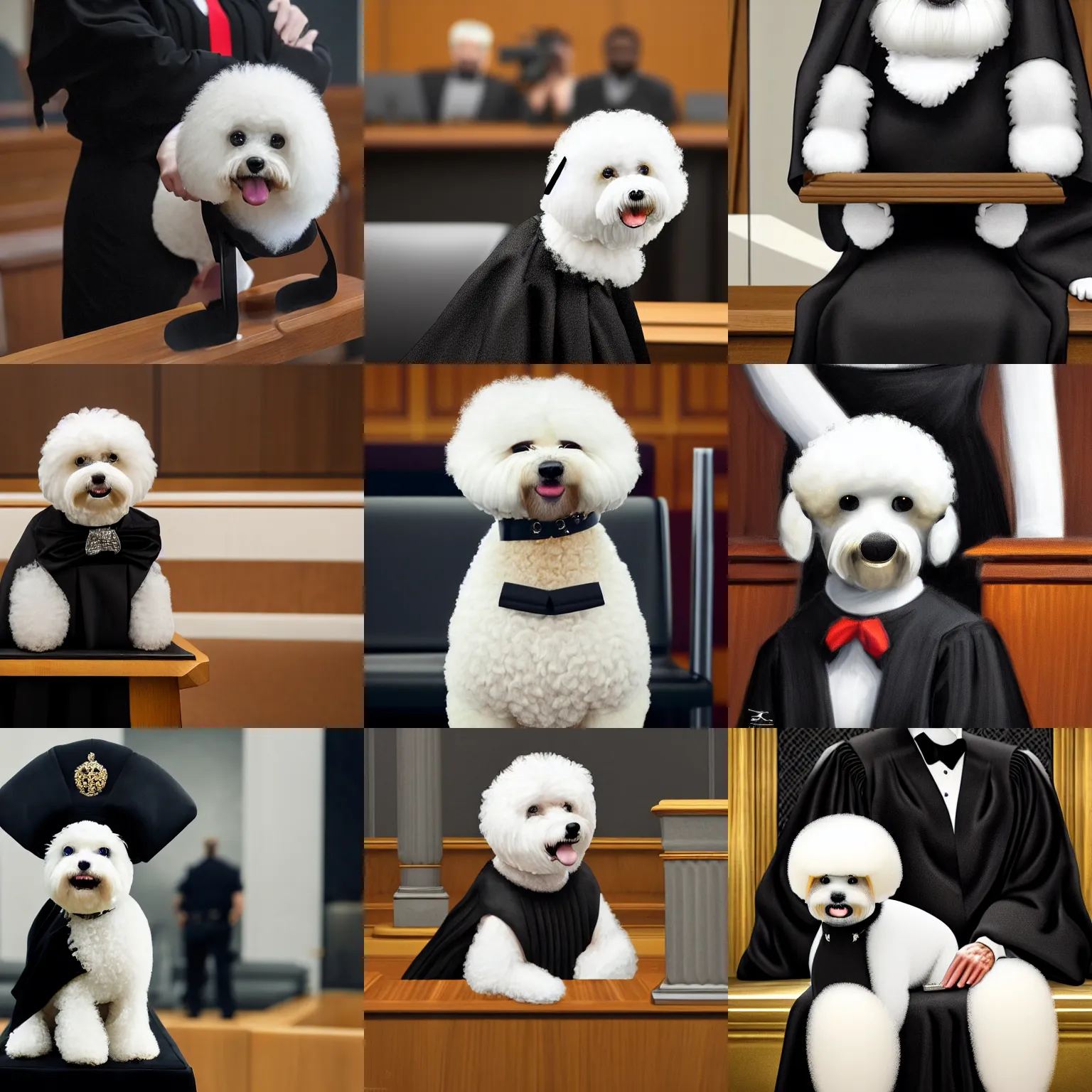 Prompt: a closeup photorealistic illustration of a smiling bichon frise judge wearing a black gown at the bench and commanding the courthouse. this 4 k hd image is trending on artstation, featured on behance, well - rendered, extra crisp, features intricate detail, epic composition and the style of unreal engine.