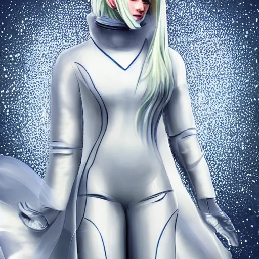 Image similar to beautiful white haired woman dressed in see through space suit in the style of zezhou chen art highly detailed, smooth, sharp focus