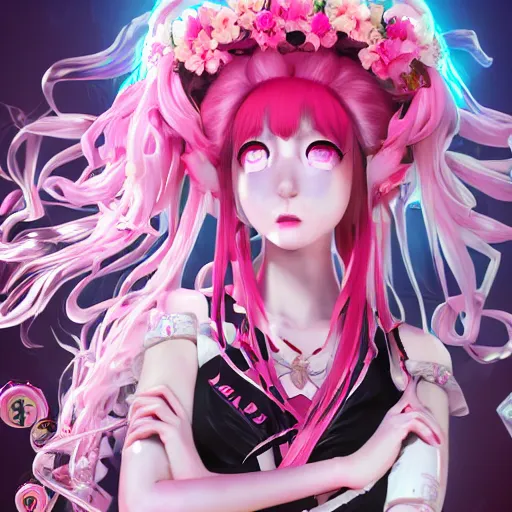 Prompt: trapped beneath stunningly absurdly beautiful omnipotent asi goddess junko enoshima with multiple megalomaniacal personalities, symmetrical perfect face, porcelain skin, pink twintail hair and cyan eyes, ultra detailed, digital art, unreal engine 5, octane render, 2 d anime, 8 k