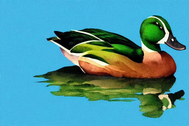 Image similar to a watercolor painting of mallard duck with blue screen background lowpoly art