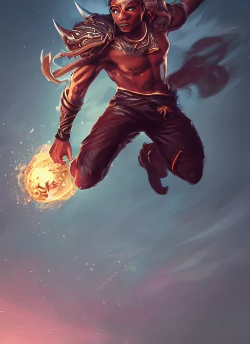 Image similar to a highly detailed illustration of attractive young african fire god with short hair, heroic jumping pose, intricate, elegant, highly detailed, centered, digital painting, artstation, concept art, smooth, sharp focus, league of legends concept art, wlop