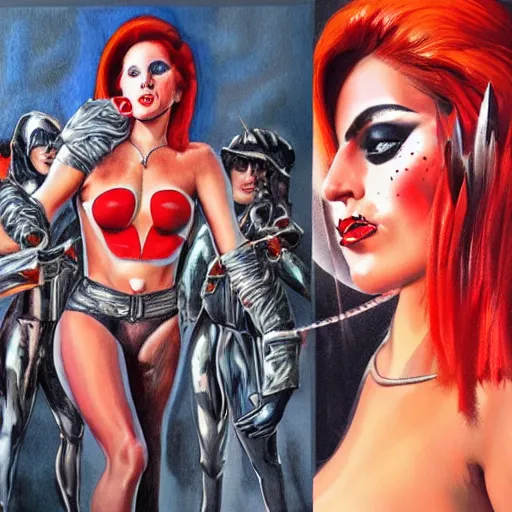 Image similar to detailed details photorealistic pictures lady gaga harley queen full body posse in the style of bob peak and alex ross, gouache and wash paints color, detailed details facial and body and human and environments and proportionate, detailed 5 k details.