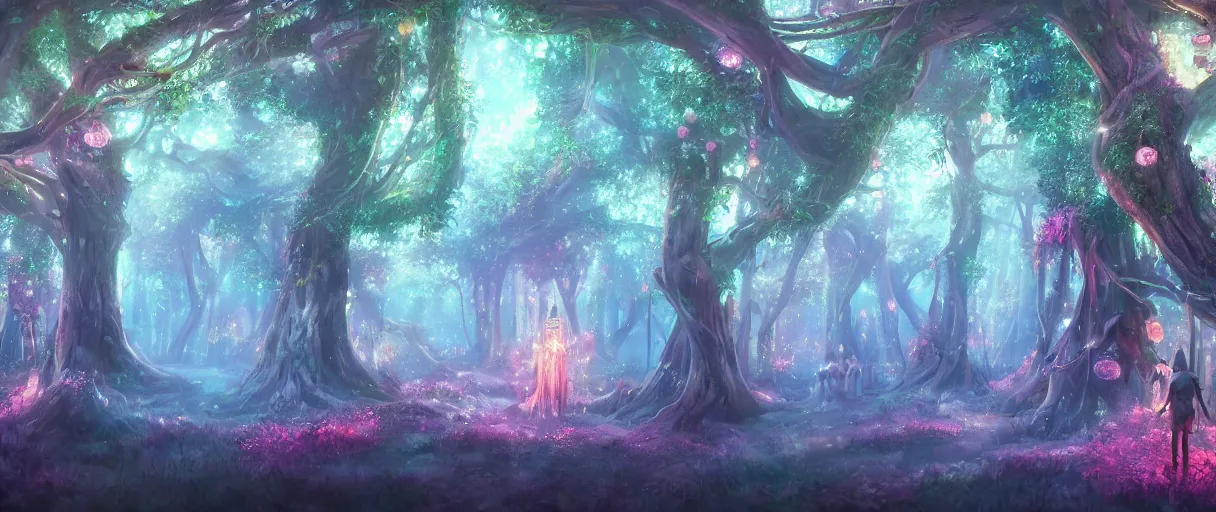 Prompt: a digital painting of a magical fantasy forest, large magical trees, magical flowers, hanging lanterns, volumetric lighting, mystical, evening, concept art, trending on artstation, matte painting, high detail, high quality