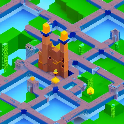 Prompt: isometric 3d video game level, castle in forest, monument valley style