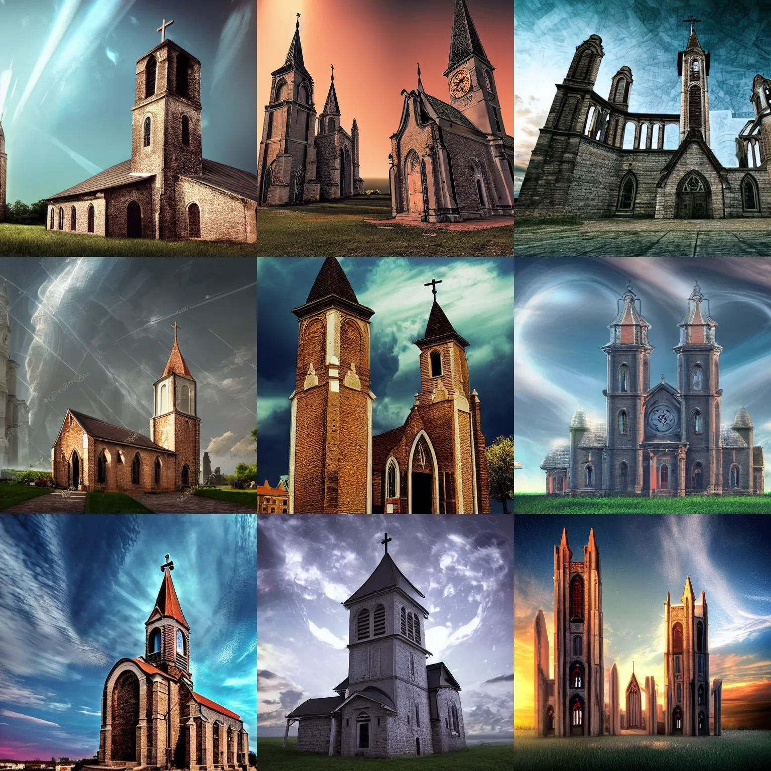 Prompt: old church with two towers in futuristic city, realistic, amazing sky