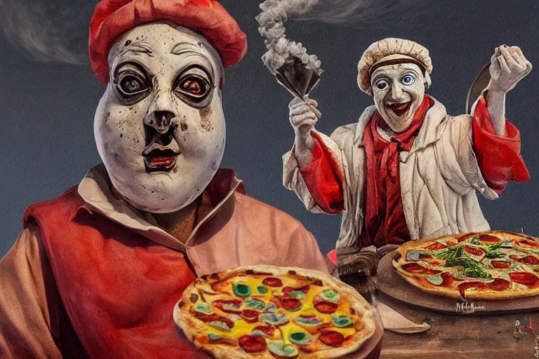 Image similar to a highly detailed pulcinella!!! from naples with pizza in foreground, volcano in the background with smoke, fire and lava, full body, wide angle, an ultrafine detailed painting by rivorio mok, post - apocalyptic vibe, trending on deviantart, whimsical, lowbrow, perfect symmetrical face, sharp focus, octane, masterpiece