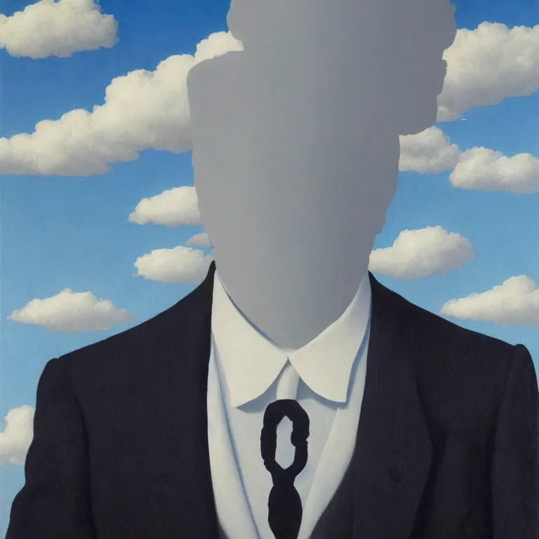 Image similar to portrait of a faceless shadow - head man in a suit, clouds in the background, by rene magritte, detailed painting, distance, middle centered, hd, hq, high resolution, high detail, 4 k, 8 k