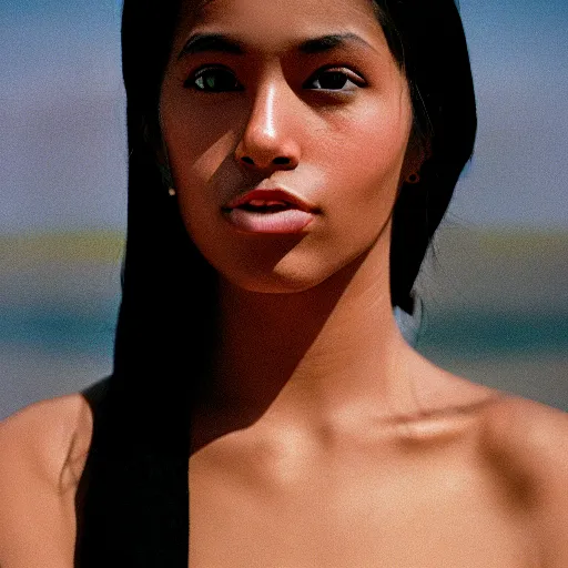 Prompt: Exotic woman. Portrait. Long shot. Facial detail. CineStill