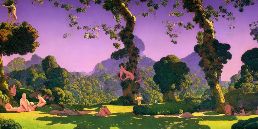 Prompt: a landscape of the Garden of Eden by Maxfield Parrish in a vaporwave style, digital art 8k