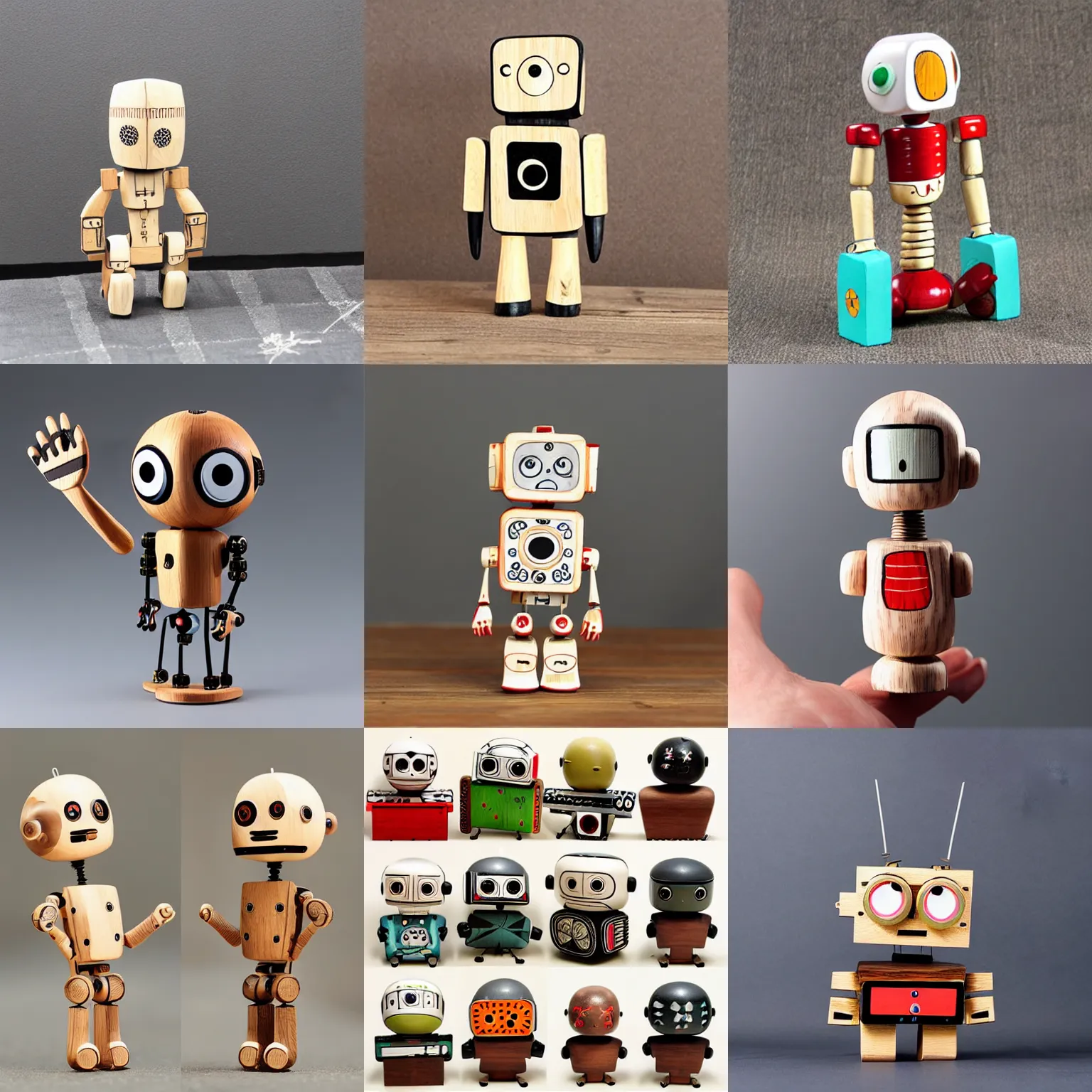 Prompt: charactere design intricate cute funny figurine wooden, robot punk futuriste geometrie