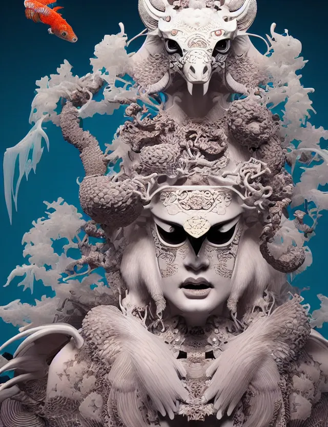 Image similar to 3 d goddess close - up 3 / 4 portrait with ram skull. beautiful intricately detailed japanese crow kitsune mask and clasical japanese kimono. betta fish, jellyfish phoenix, bio luminescent, plasma, ice, water, wind, creature, artwork by tooth wu and wlop and beeple and greg rutkowski