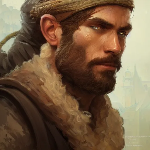 Image similar to portrait of a rugged thief, D&D, fantasy, intricate, elegant, highly detailed, digital painting, artstation, concept art, smooth, sharp focus, illustration, art by artgerm and greg rutkowski and alphonse mucha