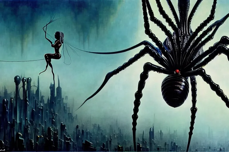 Image similar to realistic detailed portrait movie shot of a beautiful black woman riding a giant spider, dystopian city landscape background by denis villeneuve, amano, yves tanguy, alphonse mucha, max ernst, ernst haeckel, kehinde wiley, jean delville, david lynch, roger dean, cyber necklace, rich moody colours, sci fi patterns, dramatic, wide angle