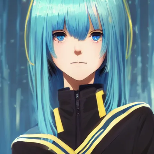 Image similar to profile shot of rimuru tempest looking forward, sky blue hair, straight hair, pretty, long bangs, gold eyes, black jacket with white stripes and a high collar, highly detailed, unreal engine 5, digital painting, glow, concept art, cinematic, wlop | artgerm, pixiv, ilya kuvshinov, greg rutkowski