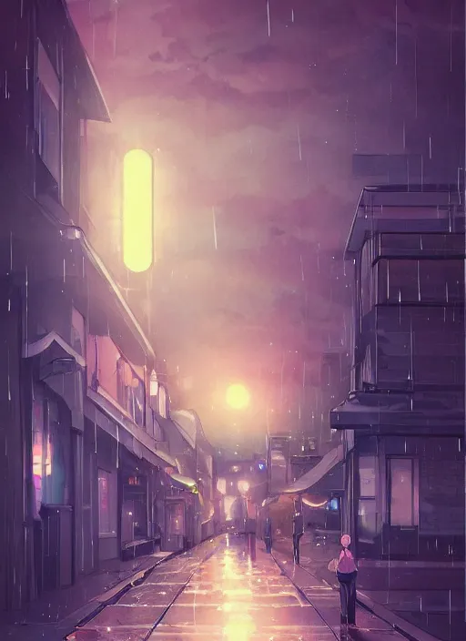 Prompt: listening to music at 2 am, pretty face, rain, lofi, lofi, peaceful, street light, anime key visual, poster, anime, by wlop, high quality