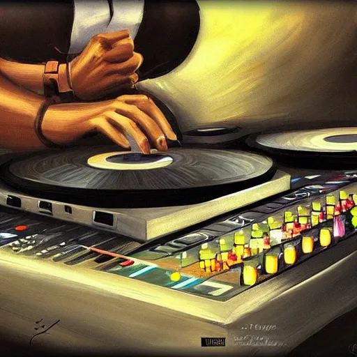 Image similar to painting of a dj mixing, trending on art station, deco art