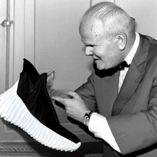 Image similar to john paul ii admiring a yeezy shoe sneaker which he holds in his hands