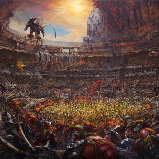 Image similar to arena gladiator battle to cheering crowd on ancient post - apocalyptic planet, jim henson creature shop, vivid and colorful, thomas kincaid, cinematic, oil painting, highly detailed, illustration