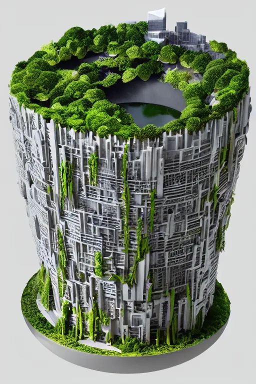 Image similar to 3 d printed physical model that is organic flowy including more than one city into one vertical building that sits on a table in a room with a view back and golden rim drame in the bottom, multiple stories, transparent, with vegetation, colorful, eye - level view, 8 0 k, octane render, highly detailed 3 d render,