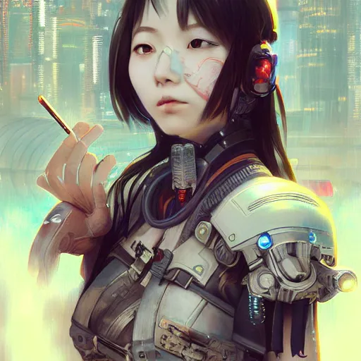 Image similar to cyberpunk japanesse girl, with techware, d & d, intricate, elegant, highly detailed, digital painting, japanese, unreal engine 5, trending on artstation, concept art, studio ghibli, illustration, art by artgerm and greg rutkowski and alphonse mucha