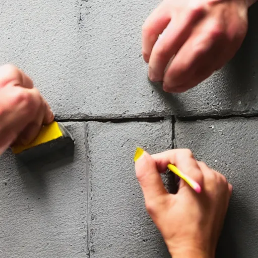 Prompt: pulling a brick out of the top of an open tin of bright yellow paint