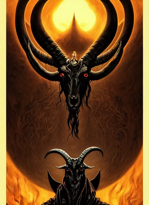 Image similar to elden ring themed undead baphomet goat icon tarot card portrait, malevolent gaze, doom aesthetic, religious, sinister, ornate, intricate, beautifully backlit, subtle tones, digital painting, concept art, smooth, sharp focus, illustration, art by josan gonzalez, greg rutkowski, killian eng and zdizslaw beksinski