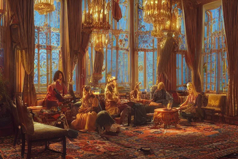 Image similar to a bohemian parlor with sunbeams streaming in from tall windows, by Donato Giancola and Ludwig Deutsch and Evelyn De Morgan, floral embroidery, carved wood, oriental carpets,rich deep color, dramatic cinematic lighting, featured on Artstation, cgsociety, unreal engine
