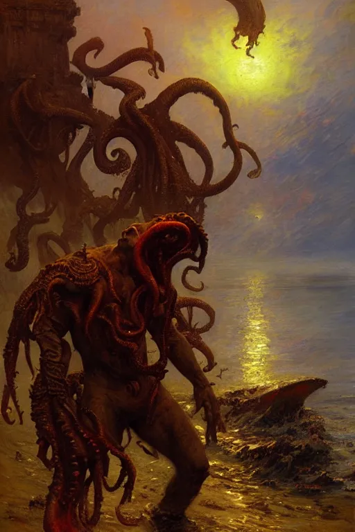 Image similar to the call of cthulhu painting by gaston bussiere, craig mullins