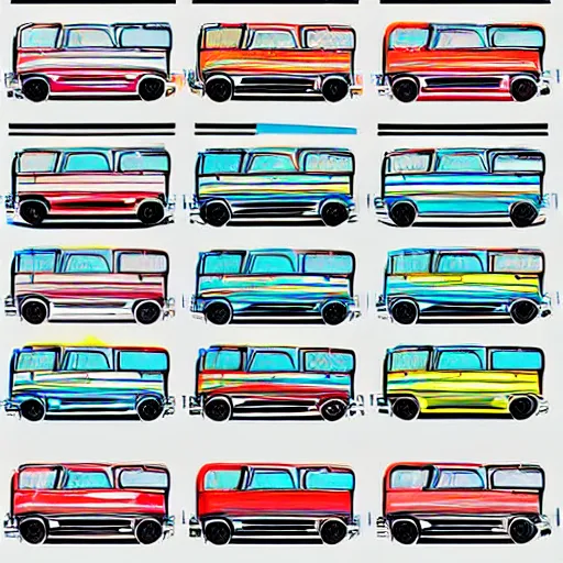 Image similar to a set of cars designed by andy warhol, digital art