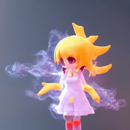 Image similar to cute fumo plush of a living fireball, lens flare, flame and smoke particle sim, anime girl, vray