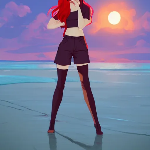 Image similar to character deisgn by lois van baarle, artgerm, helen huang, by makoto shinkai and ilya kuvshinov. cute scarlet red haired cybertronic woman, steel gray body, denim shorts, jacket, at beach at sunset, beautiful face, smile, elegant, exaggerated proportions, looking at camera