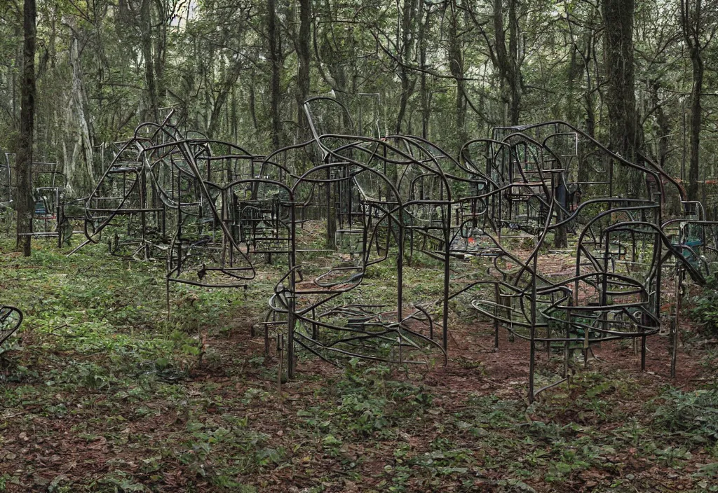 Prompt: an abandoned creepy playground in the middle of a dense forest, high detail