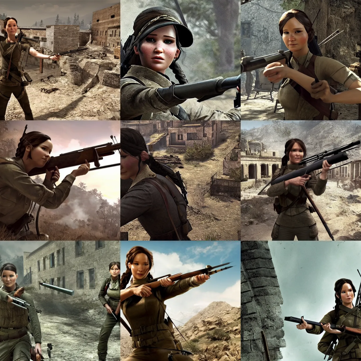 Prompt: katniss everdeen as a ww 2 sniper, screenshot from'sniper elite 5'