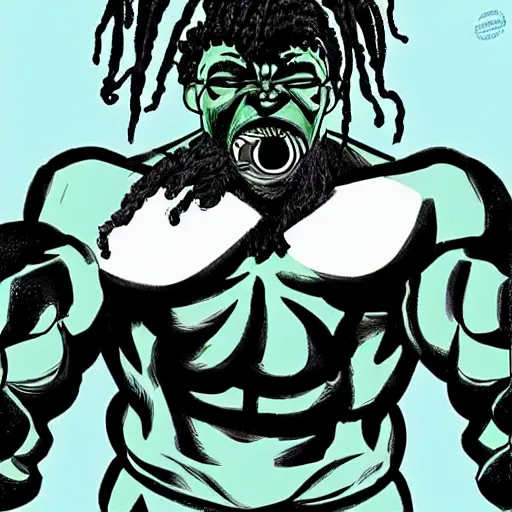 Prompt: black hulk with dreadlocks, cartoon drawing, meme