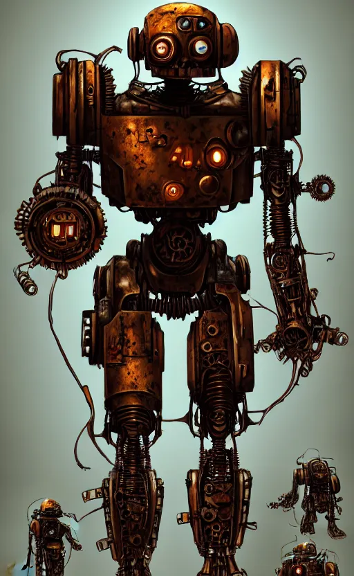 Prompt: biomechanical dieselpunk rusted cyborg combat droid, concept art, joshua rife, photoshoot, intricate, highlydetailed, space background, artstation 4 k raytracing, shadows, highlights, illumination, unfriendly